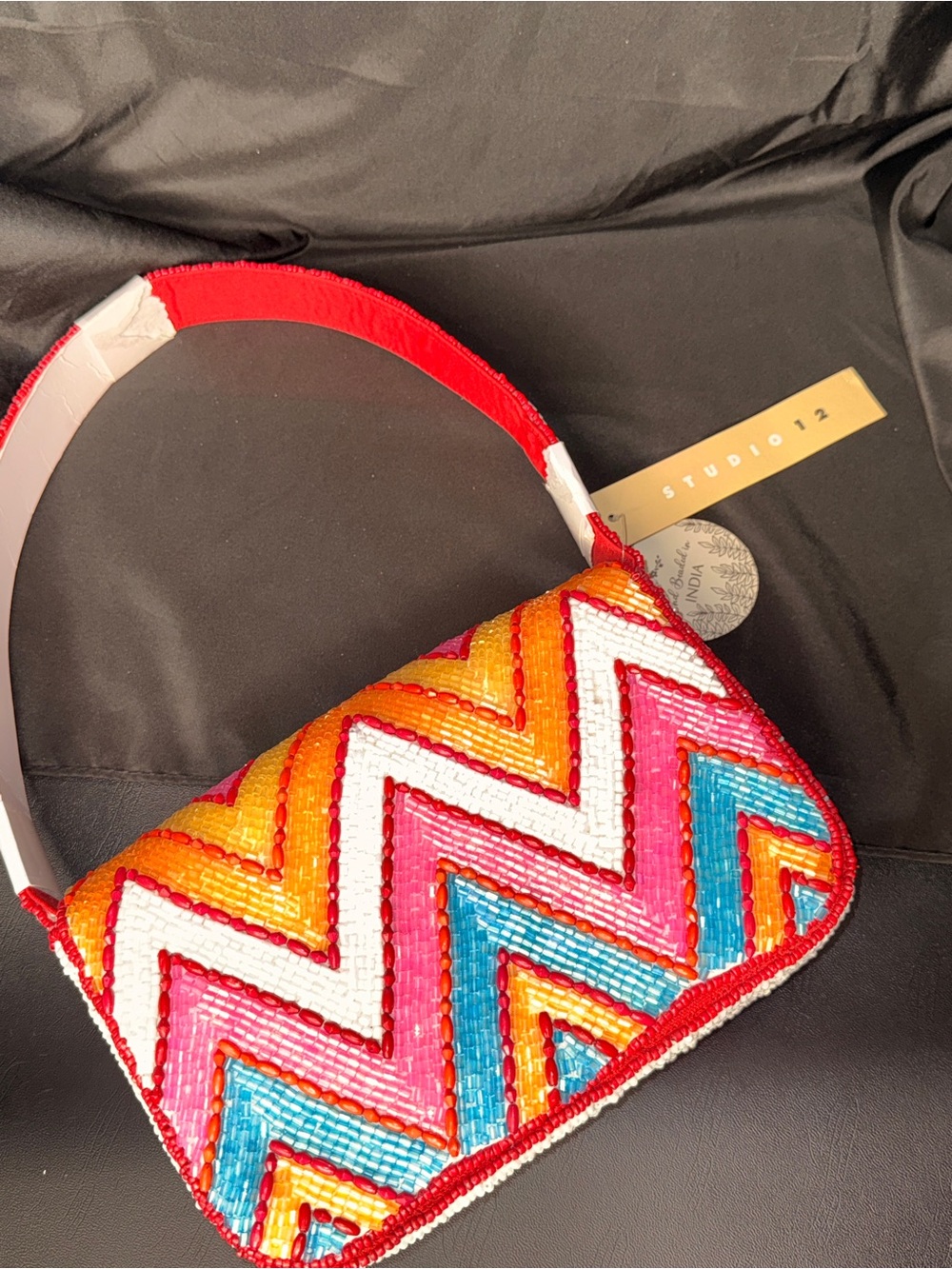 Studio Multicolor Beaded Chevron Shoulder Bag - Red, Pink, Orange, Blue, White